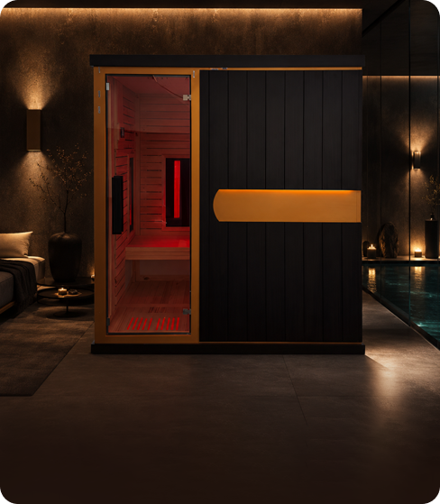 Modern infrared sauna with warm interior glow